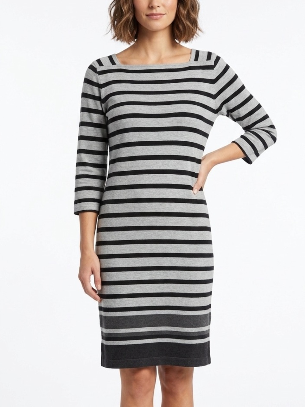 L.L. BEAN 3/4 Sleeve Knit Striped Midi Dress Square Neckline Grey Black Medium